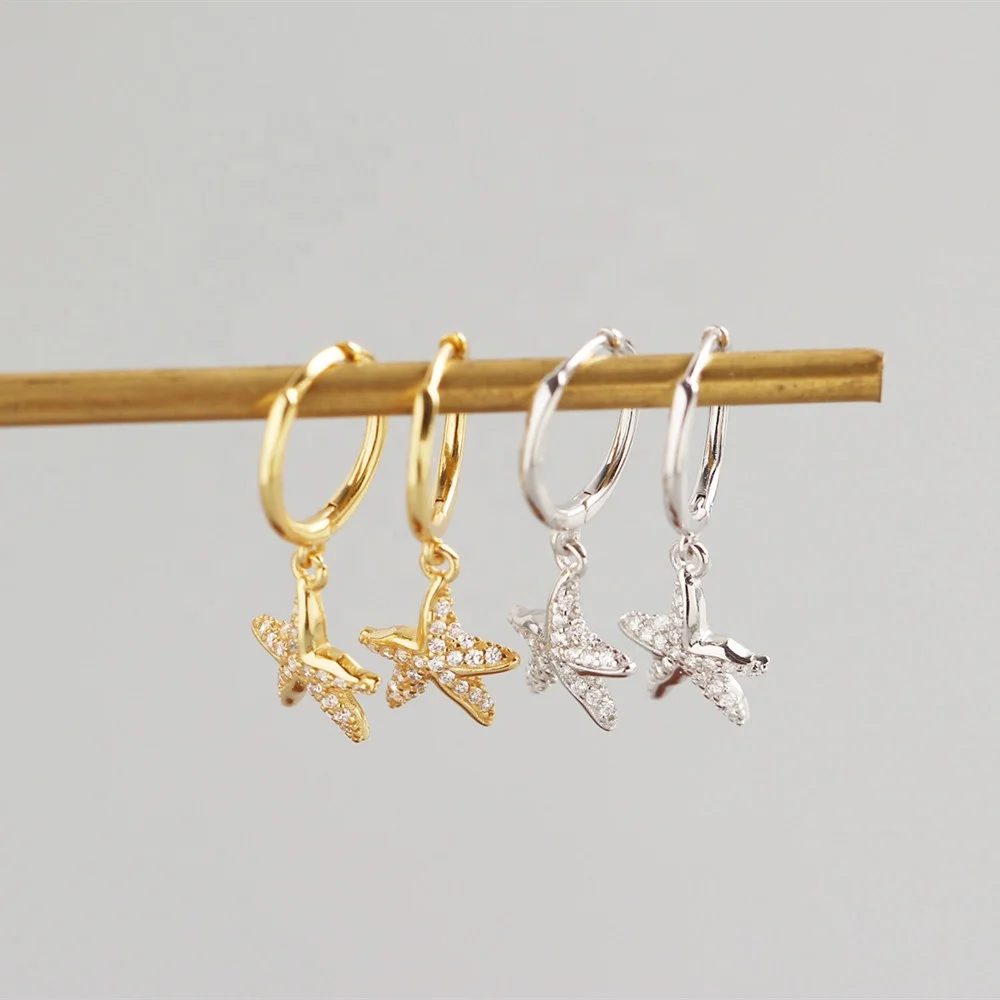 

2021 Trendy women fashion jewelry 925 sterling silver hoop earrings luxury exquisite shiny zircon starfish drop dangle earring, Gold silver