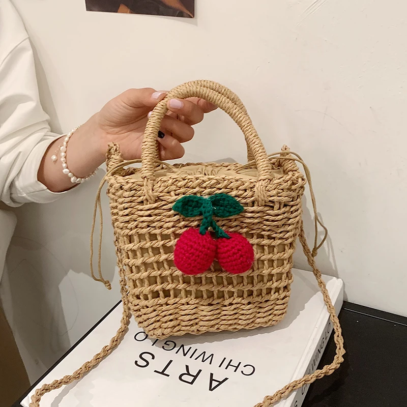 2021 Beach Handmade Straw Shoulder Bags Straw Woven Beach Vacation Bag with Cherry, As picture 
2021 Beach Handmade Straw Shoulder Bags Straw Woven Beach Vacation Bag with Cherry, As picture