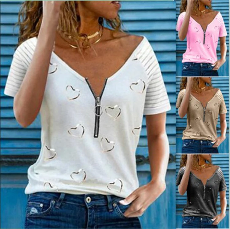 Summer Heart Printed Zipper Causal Woman Top,Plus Size Striped Short Sleeve Woman T Shirt, Picture 
Summer Heart Printed Zipper Causal Woman Top,Plus Size Striped Short Sleeve Woman T Shirt, Picture