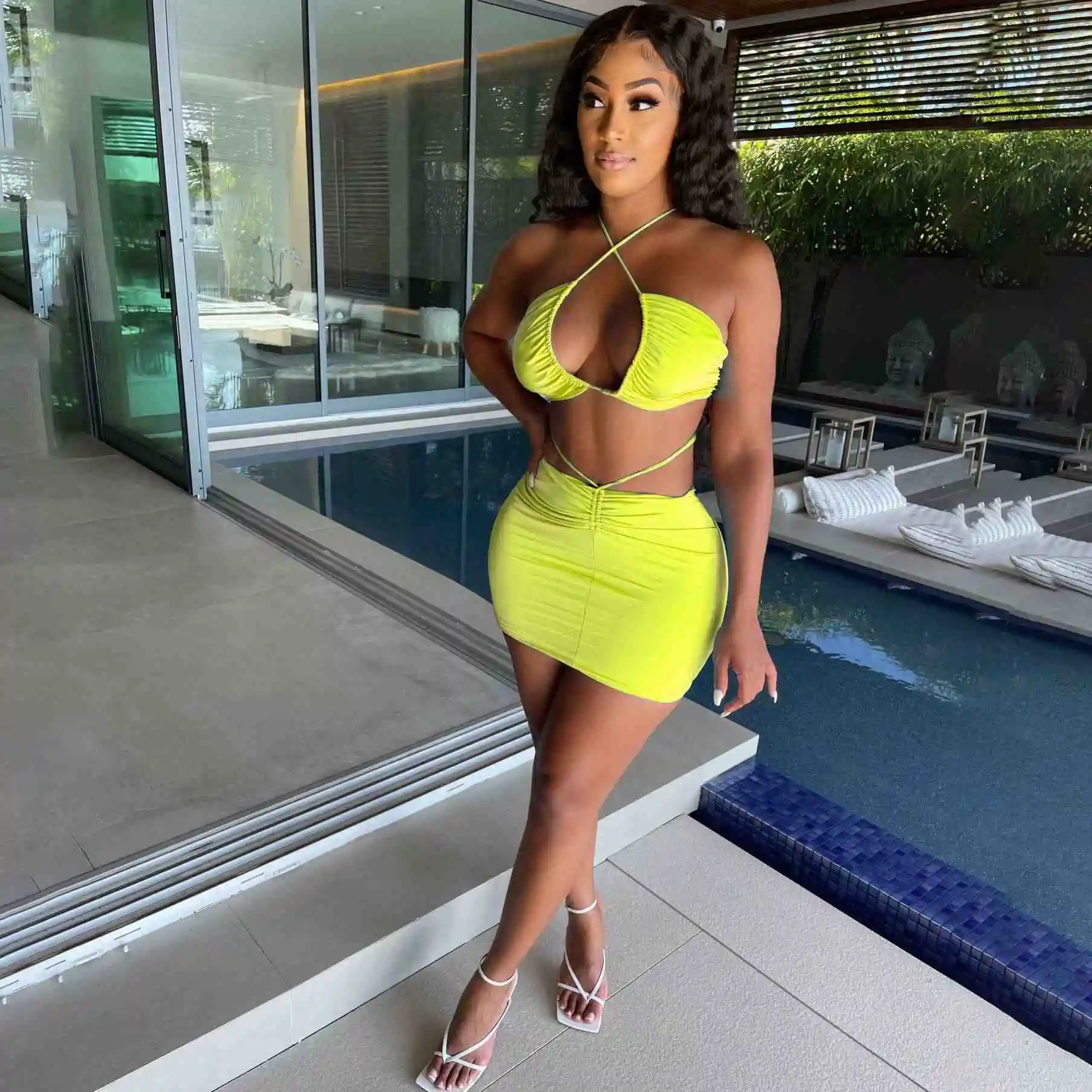 X02947S Women Set Solid Sleeveless Crop Tops Hollow Out Low Waist Mini Skirts Two 2 Piece Set Sexy Outfit Summer, Yellow/black/red 
X02947S Women Set Solid Sleeveless Crop Tops Hollow Out Low Waist Mini Skirts Two 2 Piece Set Sexy Outfit Summer, Yellow/black/red