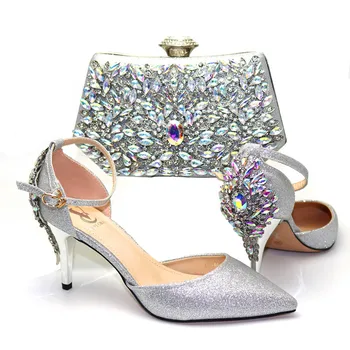 silver shoes and bag to match