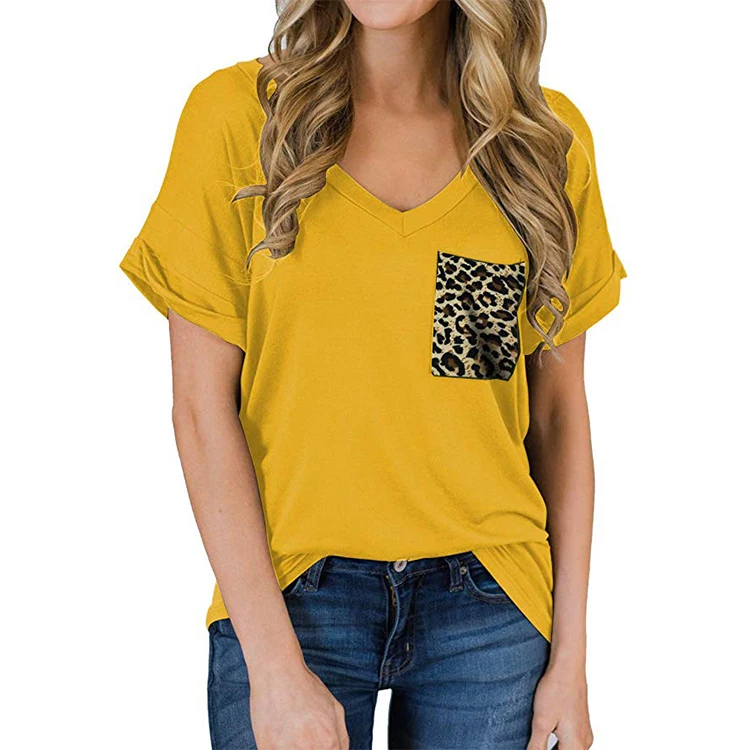 Hot sell Summer Short Sleeve T Shirt Solid Color Plus Size V-Neck Women Top with Leopard Pocket, As shown
Hot sell Summer Short Sleeve T Shirt Solid Color Plus Size V-Neck Women Top with Leopard Pocket, As shown
