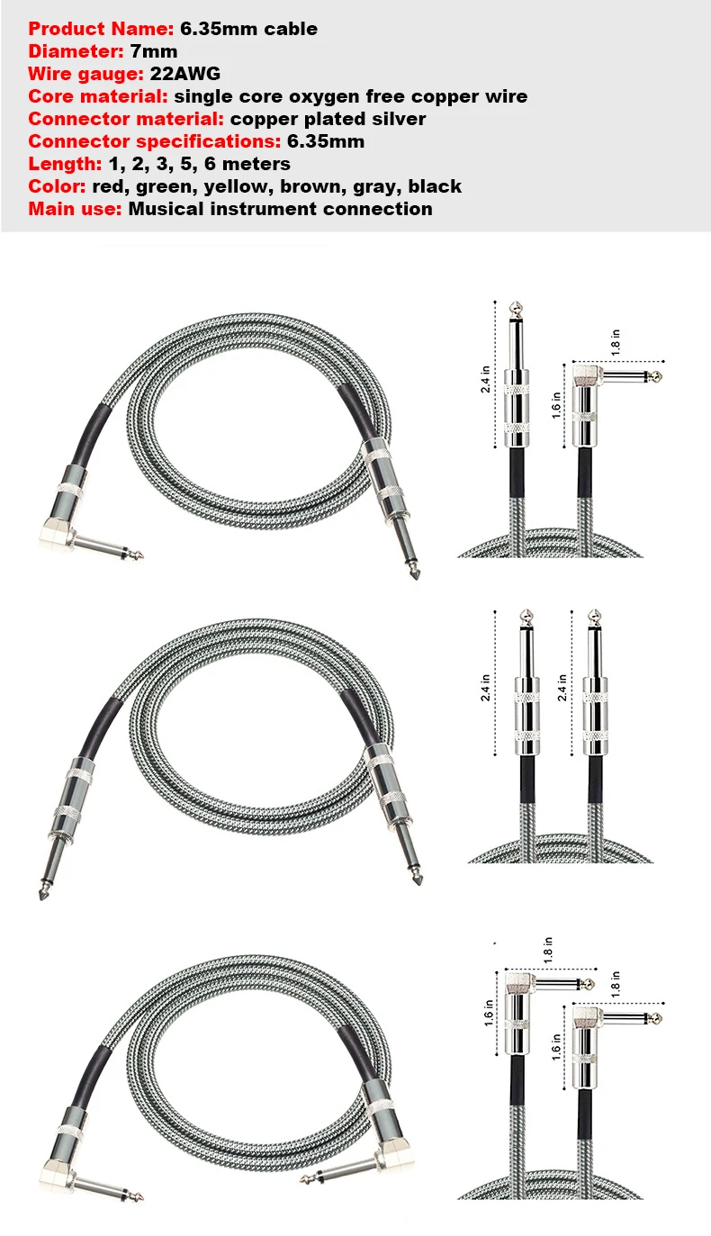 GAZ-CB31 Instrument Right Angle Jack 6.35mm Mono Cable Gold Plated Male to Male Cable for Electronic Guitar Bass Keyboard - ANKUX.COM