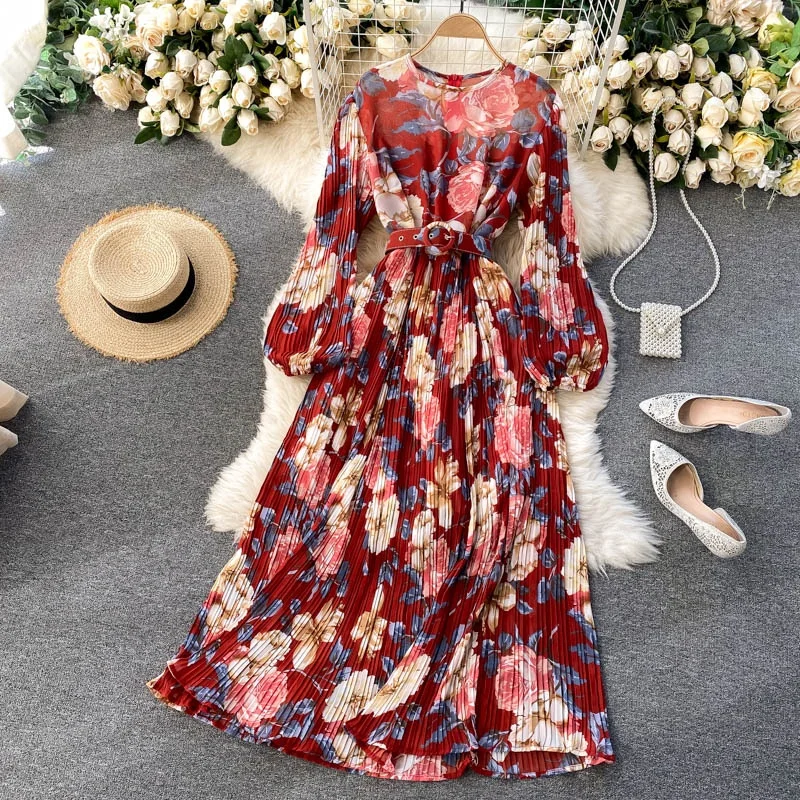 Holiday dress women spring new temperament round neck slim mid-length heavy-duty pleated chiffon printed skirt
Holiday dress women spring new temperament round neck slim mid-length heavy-duty pleated chiffon printed skirt