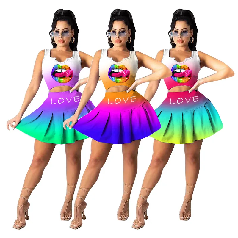 GX70006 trendy women's clothing new arrivals summer casual two piece pleated skirt set lip print gradient girls' clothing sets, Picture
GX70006 trendy women's clothing new arrivals summer casual two piece pleated skirt set lip print gradient girls' clothing sets, Picture