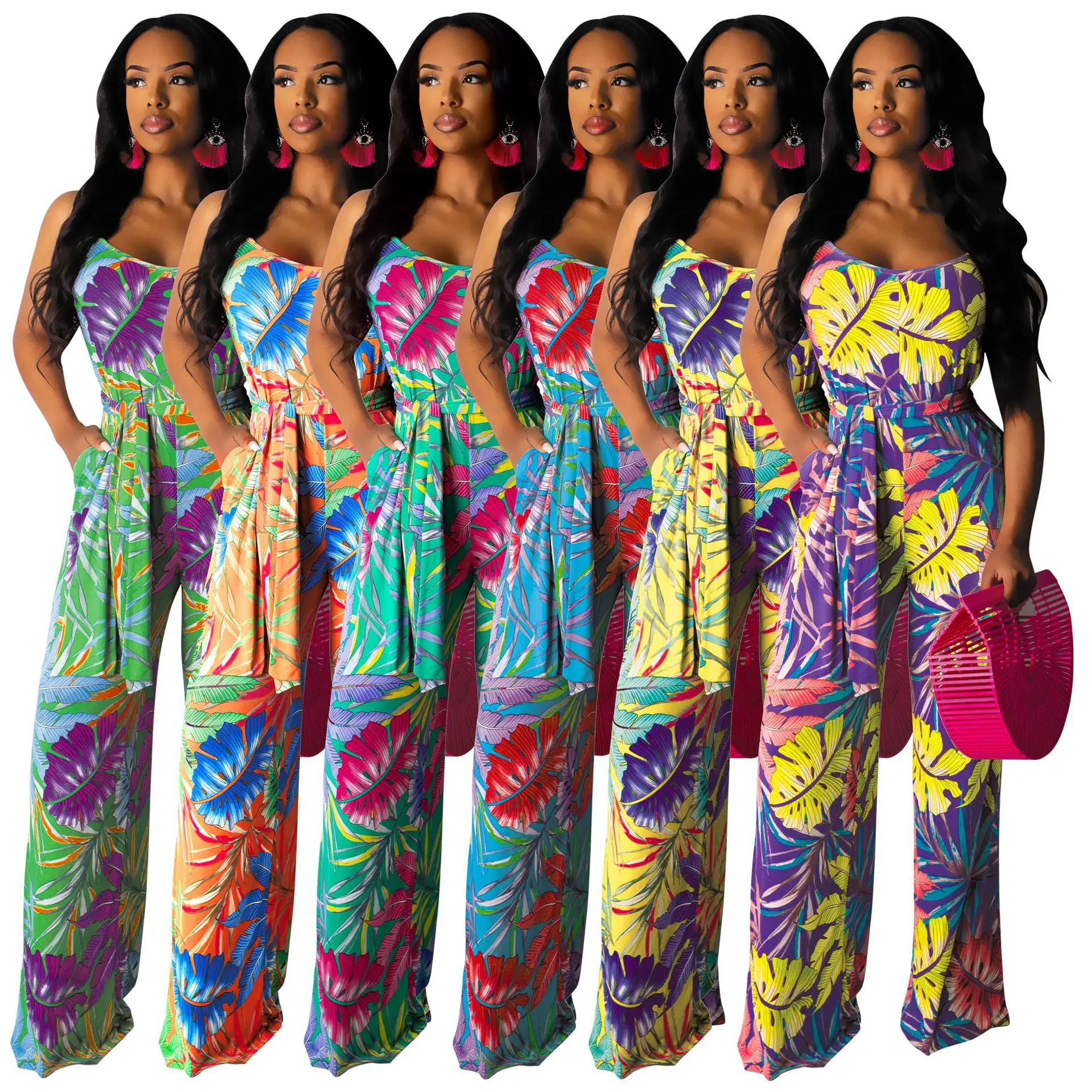 2019 Summer woman clothing printed V-neck sleeveless suspender wide leg pants one piece romper jumpsuit
2019 Summer woman clothing printed V-neck sleeveless suspender wide leg pants one piece romper jumpsuit