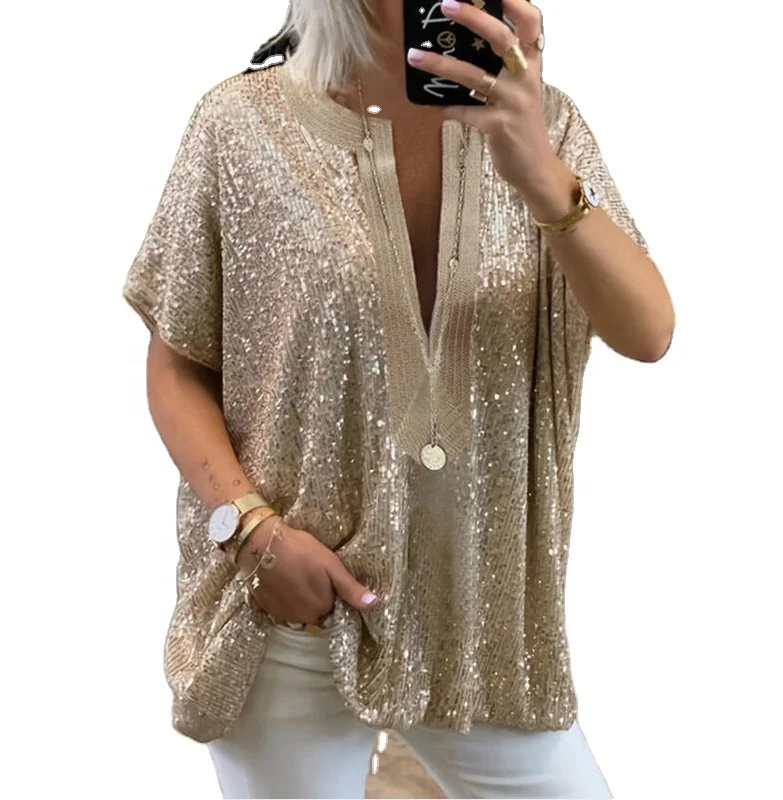 Women Tops Fashion Club Sequin Tee Shirt Blouse Tops Casual Sexy Half Sleeve Women Loose Custom Sequins Shirts
Women Tops Fashion Club Sequin Tee Shirt Blouse Tops Casual Sexy Half Sleeve Women Loose Custom Sequins Shirts