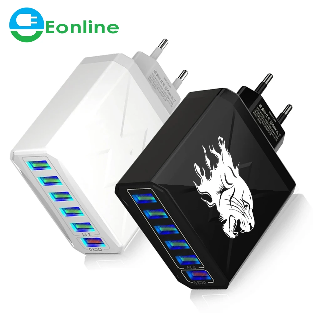 

EONLINE 3D LOGO Free EU US UK KR Plug 65W 6 Ports USB Charger Fast Charging QC3.0 Travel Charger For iPhone 15 Samsung Adapter