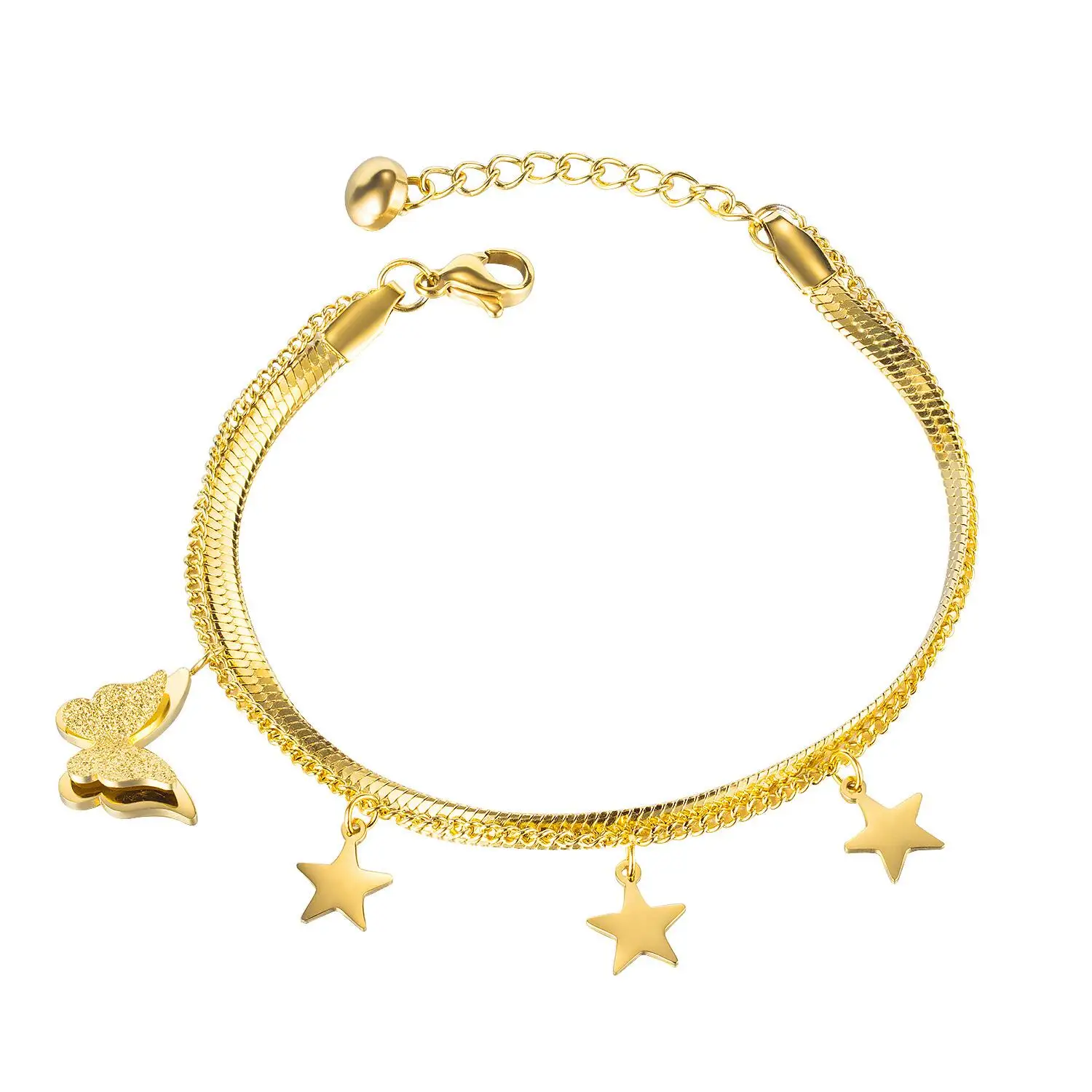 Accessories Women Butterfly Star Charms Flat Herringbone Chain Gold Plated Stainless Steel Bracelets
Accessories Women Butterfly Star Charms Flat Herringbone Chain Gold Plated Stainless Steel Bracelets