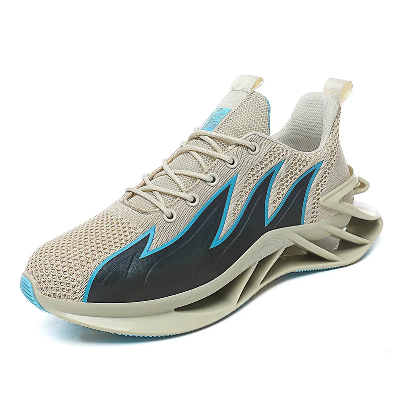 2021 Men's lightweight knitted upper mesh new fashion blade plain running shoes, Blue/creamy white/black
2021 Men's lightweight knitted upper mesh new fashion blade plain running shoes, Blue/creamy white/black