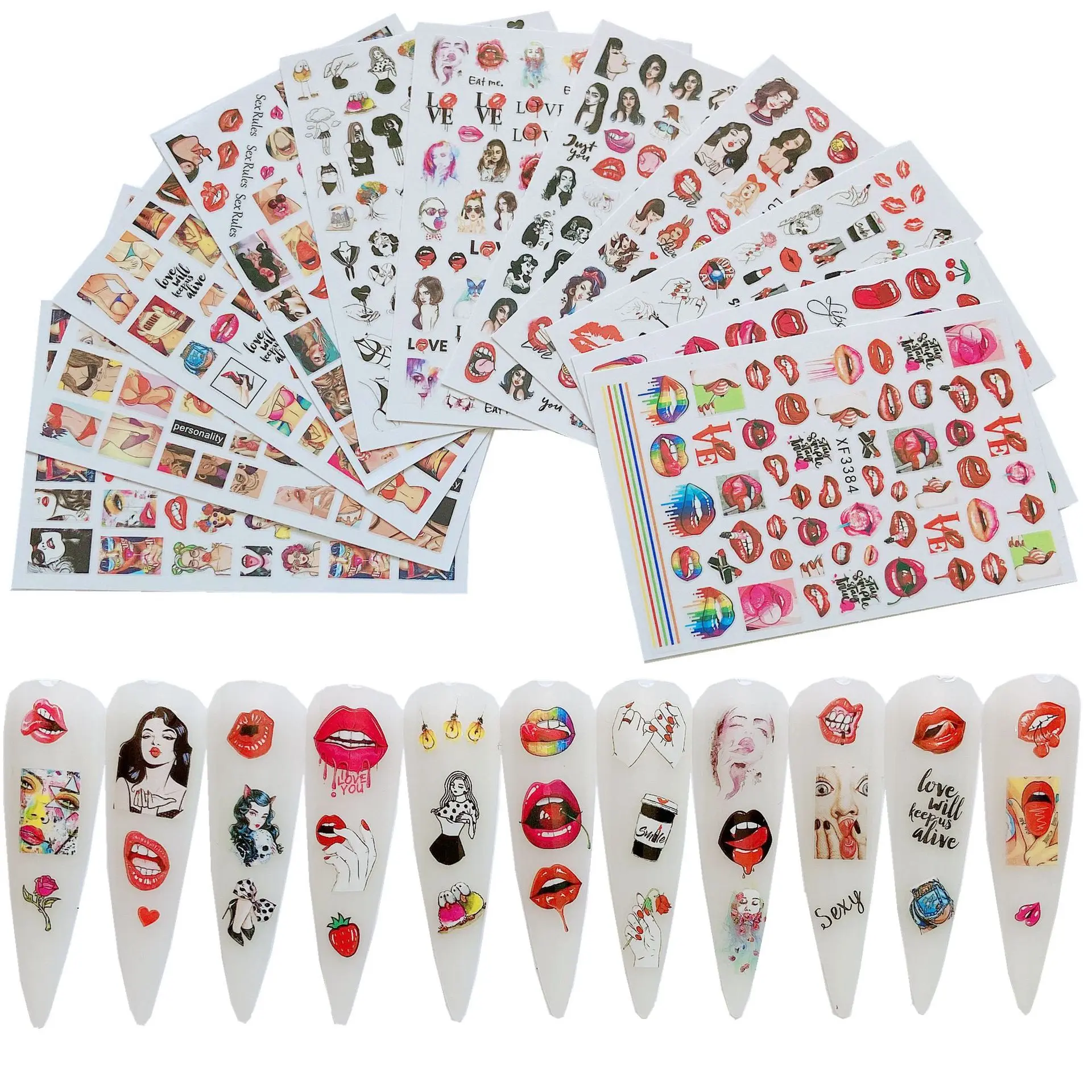 Fashion self-adhesive valentines red lover kiss sexy beauty girl nail art decal wraps lip nail stickers for nail art designs, 12 colors
Fashion self-adhesive valentines red lover kiss sexy beauty girl nail art decal wraps lip nail stickers for nail art designs, 12 colors