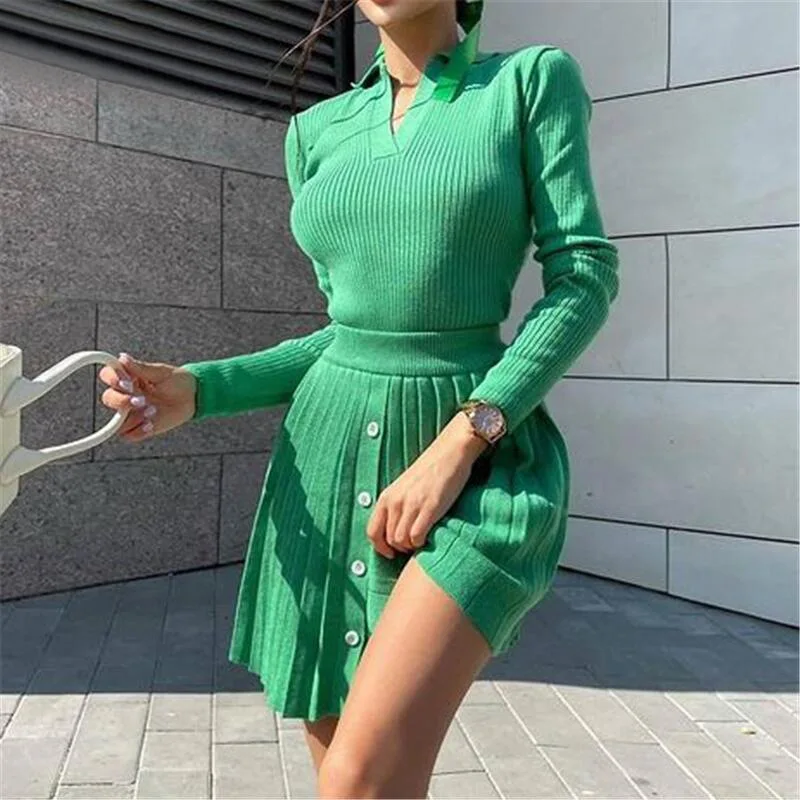 2021 Casual Ladies Leisure Wear Polo Tops And Pleated Fall Sweater Dress Two Piece Women Sweater Set, White/green/rose red/blue/black/apricot/pea green/navy
2021 Casual Ladies Leisure Wear Polo Tops And Pleated Fall Sweater Dress Two Piece Women Sweater Set, White/green/rose red/blue/black/apricot/pea green/navy