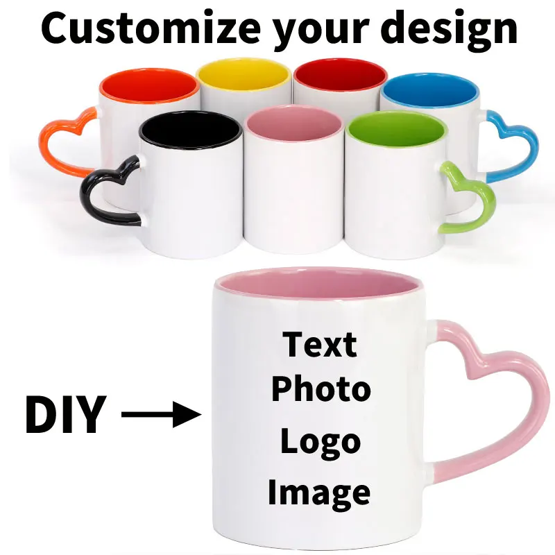 

DIY Customize Printed Photo Pictures Image Logo Text Onto Ceramic Mug Heart Shape Handle Color Inside and Hand Personalized Cup