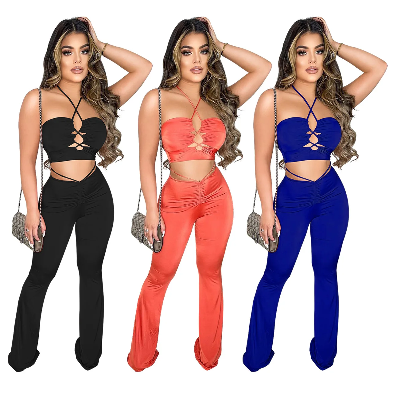 DUODUOCOLOR Solid color casual wrinkle tops long pants sexy two piece sets women bandage hollow out clothing D10619
DUODUOCOLOR Solid color casual wrinkle tops long pants sexy two piece sets women bandage hollow out clothing D10619