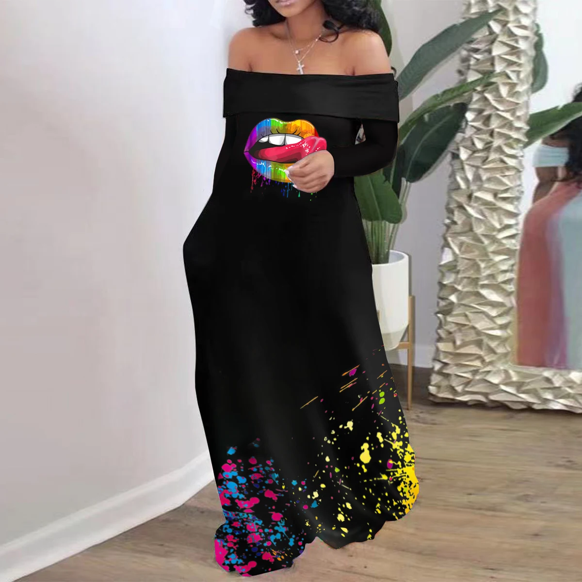 Womens Plus Size Maxi Dress - Casual Off The Shoulder Colorful Letter Print Long Sleeve Split Oversize T-Shirt Dress, Customized color
Womens Plus Size Maxi Dress - Casual Off The Shoulder Colorful Letter Print Long Sleeve Split Oversize T-Shirt Dress, Customized color