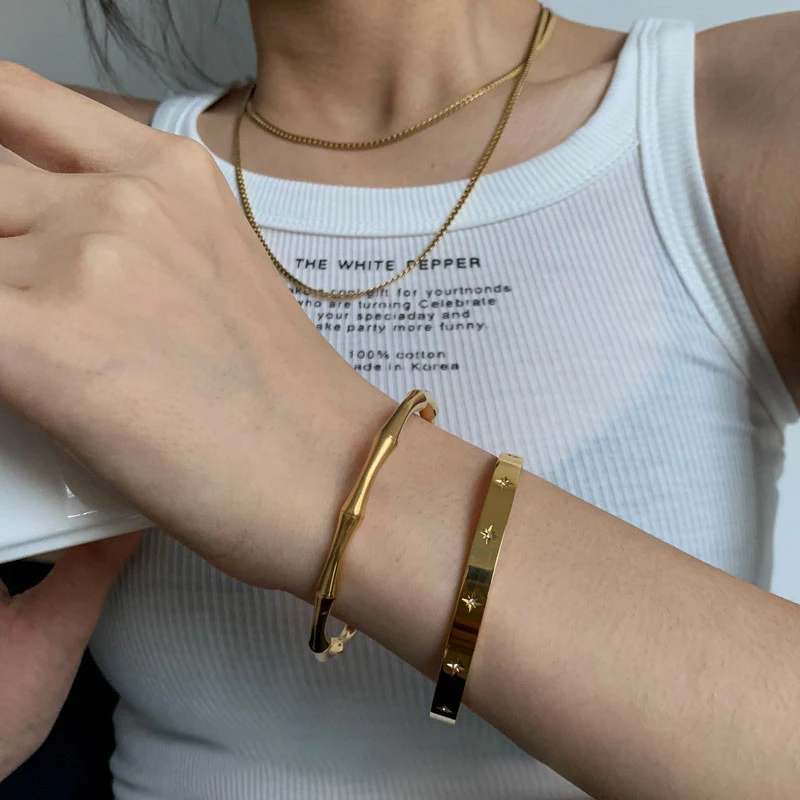 Non Tarnish Chunky Bamboo Stainless Steel Bangle Waterproof 18K Gold Plated Bangles Women Plain Minimalist Vintage Jewelry 2021
Non Tarnish Chunky Bamboo Stainless Steel Bangle Waterproof 18K Gold Plated Bangles Women Plain Minimalist Vintage Jewelry 2021
