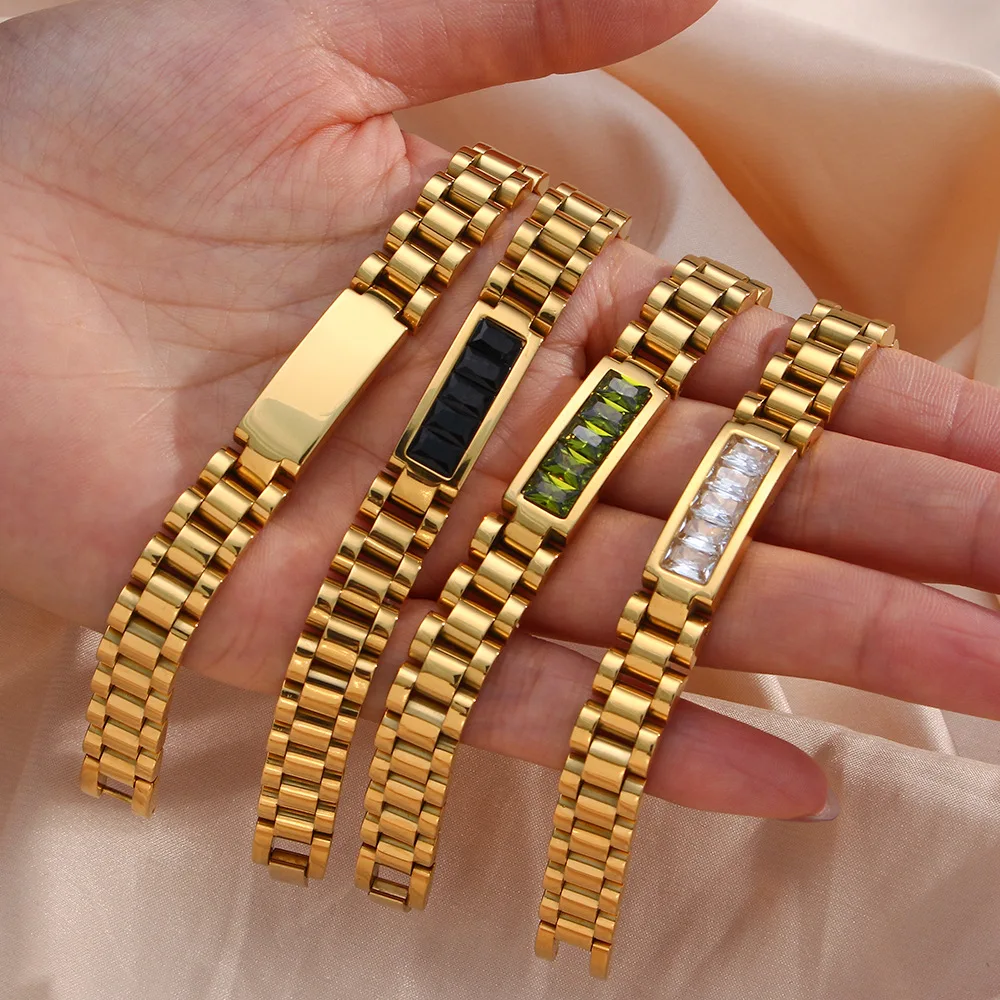 In Stocks! Waterproof Colorful Watchband Zircon Bracelet Gold Plated Stainless Steel Bangles Fashion Jewelry Women Bracelet
In Stocks! Waterproof Colorful Watchband Zircon Bracelet Gold Plated Stainless Steel Bangles Fashion Jewelry Women Bracelet