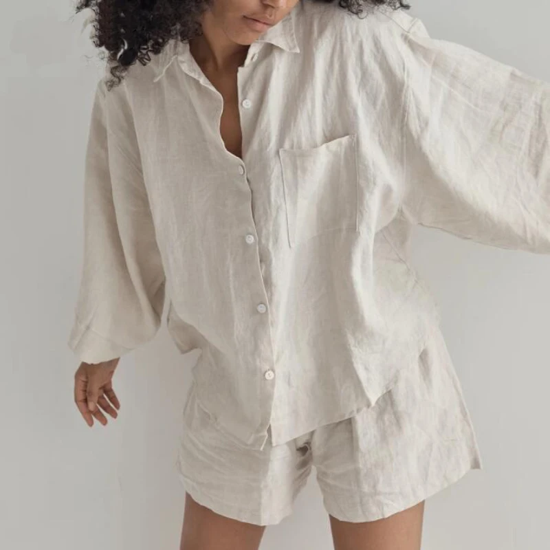 Spring Fashion Single Breasted Long Sleeve Blouse And Shorts Ladies Outfit Two Pieces Summer Woman Linen Sets, Accept custom color
Spring Fashion Single Breasted Long Sleeve Blouse And Shorts Ladies Outfit Two Pieces Summer Woman Linen Sets, Accept custom color