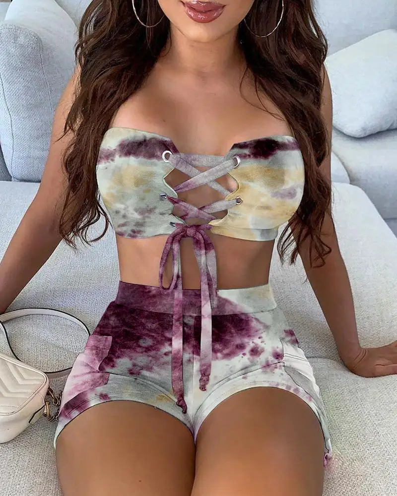 2021 Hot Design Women Clothes Tie Dye Two Piece Short Set Crop Top Tie Up Tube Top And Pants Set Outfits Sexy Two Piece Suit, Picture
2021 Hot Design Women Clothes Tie Dye Two Piece Short Set Crop Top Tie Up Tube Top And Pants Set Outfits Sexy Two Piece Suit, Picture