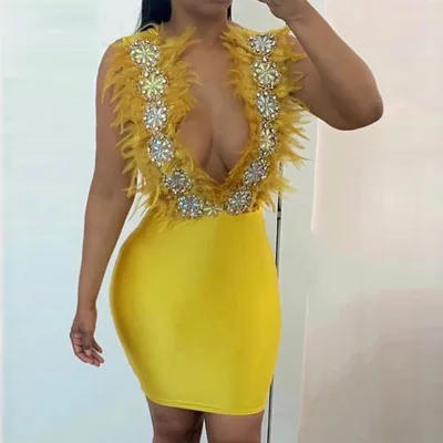 2020 spring ladies sleeveless feather deep V-neck waist elastic slim fit hip bandage dress women's clothing, Picture color
2020 spring ladies sleeveless feather deep V-neck waist elastic slim fit hip bandage dress women's clothing, Picture color