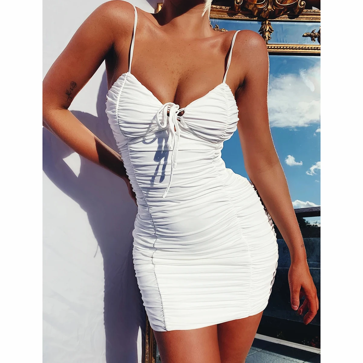 

2020 New Women's Sexy Strap singlet cami Mini dress Backless Sheering Party Club evening Dresses Summer Solid