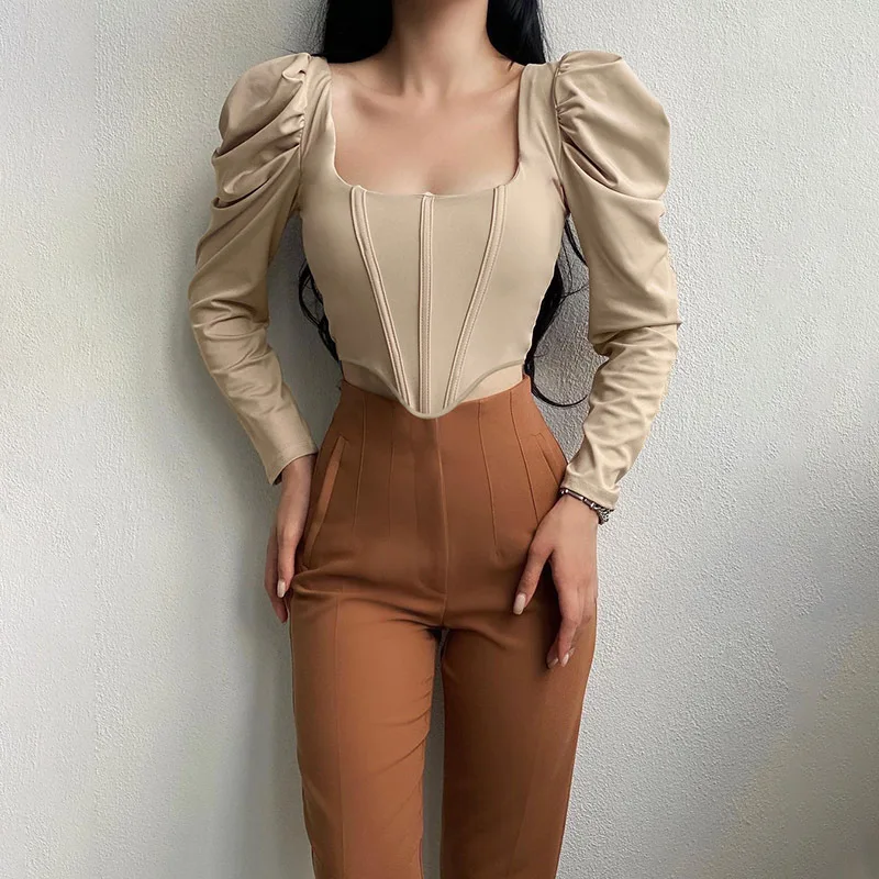 

Fashion Square Collar Vintage Women T Shirt Sexy Long Puff Sleeve Crop Tops Slim Solid Top Tops For Women 2021