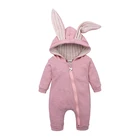 Rabbit ears hooded zip twill plain baby romper new born clothes for girl