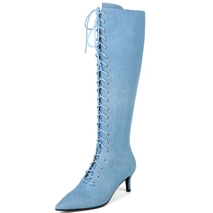 Solid Blue Knee High Women's Dress Boots Lace up Denim Lady Claf High Booties Pointed toe Kitten Heel Stiletto Long Boots Shoes
Solid Blue Knee High Women's Dress Boots Lace up Denim Lady Claf High Booties Pointed toe Kitten Heel Stiletto Long Boots Shoes