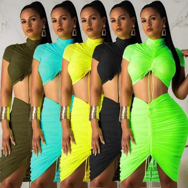 Wholesale Drawstring Streetwear Women Crop Top Summer Clothing Sexy Two Piece Skirt Sets, Yellow/green/blue/army green/black
Wholesale Drawstring Streetwear Women Crop Top Summer Clothing Sexy Two Piece Skirt Sets, Yellow/green/blue/army green/black