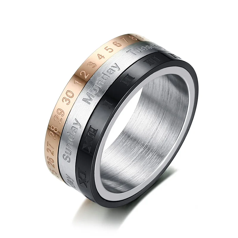 Stainless Steel stackable Jewelry Titanium Steel Roman Number Swivel Ring Three Color Ring Swivel Men's Ring, Picture shows
Stainless Steel stackable Jewelry Titanium Steel Roman Number Swivel Ring Three Color Ring Swivel Men's Ring, Picture shows