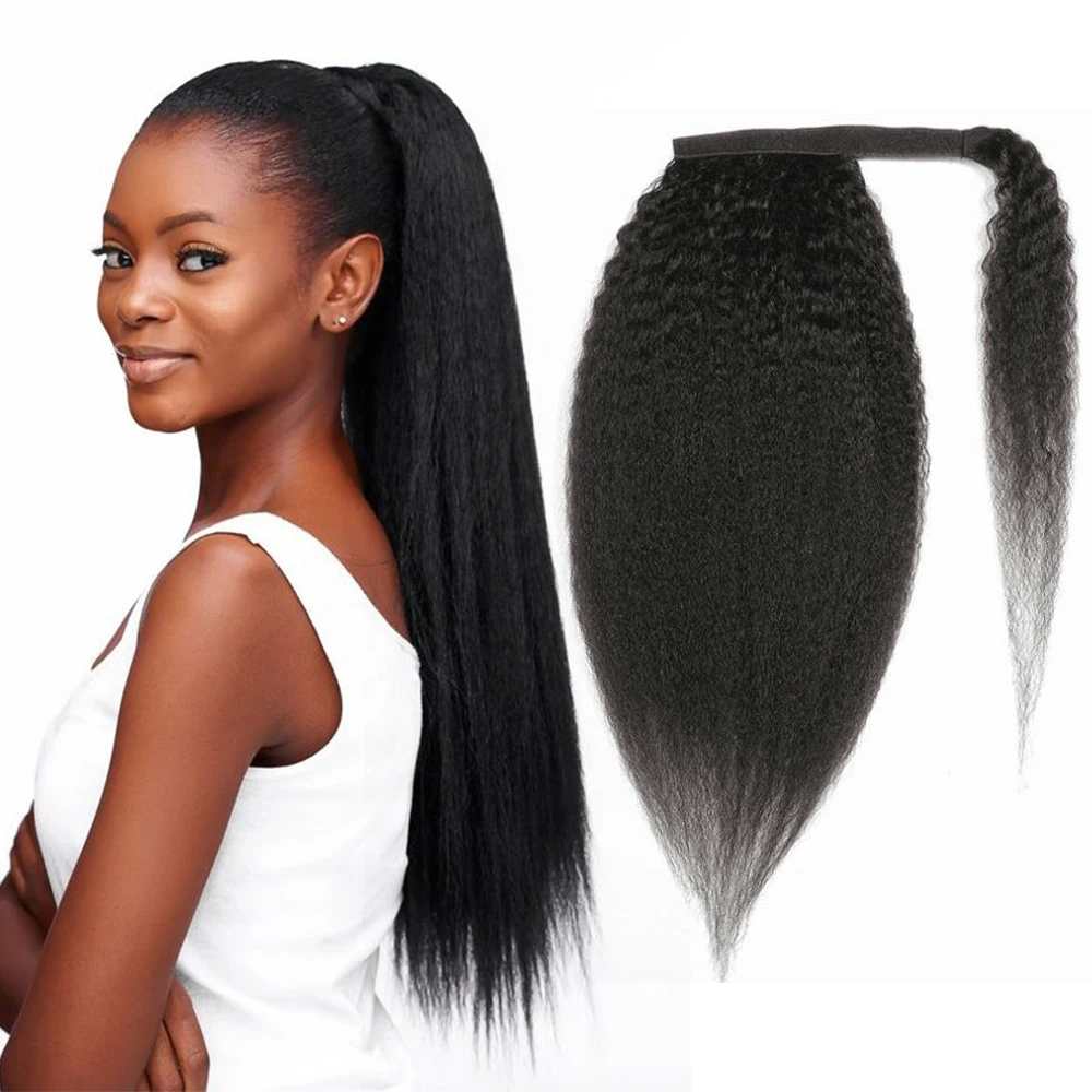 

Remy 100 Brazilian hair extension for black women ponytail,blow out cheveux yaki wrap around ponytail human kinky straight hair, Natural color
