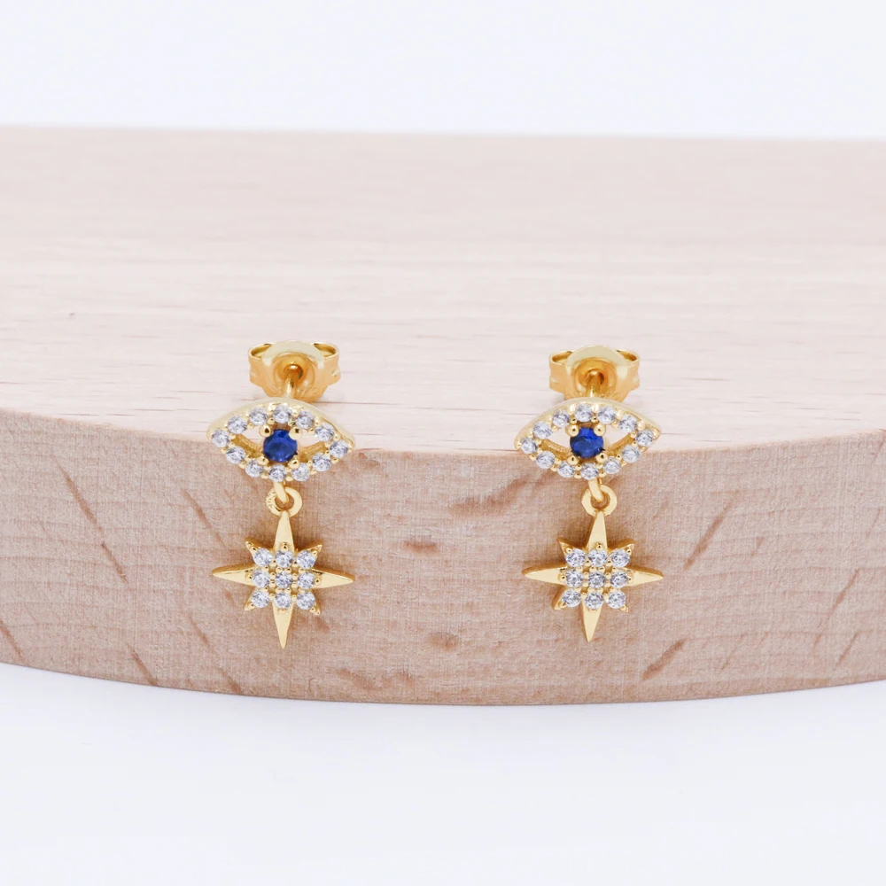 Fine Jewelry Zirconia Custom 925 Sterling Silver 18K Gold Plated evil blue Eyes Drop Star Charm Stud Earrings
Fine Jewelry Zirconia Custom 925 Sterling Silver 18K Gold Plated evil blue Eyes Drop Star Charm Stud Earrings