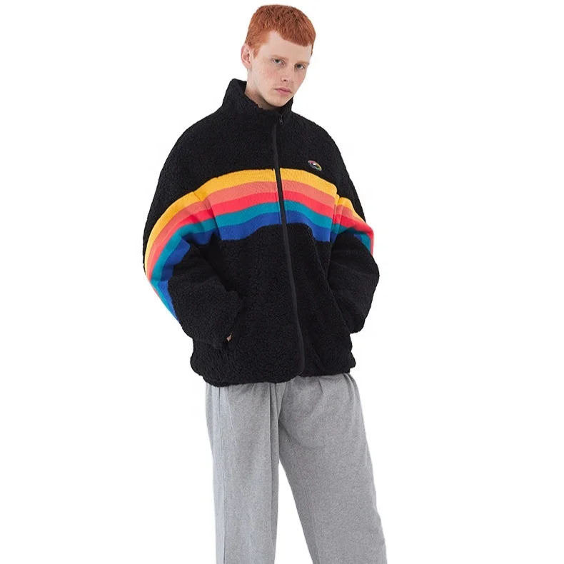 High Quality Fashion Patchwork Color Stripe Rainbow Panel Taping Polar Fleece Jacket Stand Neck Loose Warm Coat for Men Women
High Quality Fashion Patchwork Color Stripe Rainbow Panel Taping Polar Fleece Jacket Stand Neck Loose Warm Coat for Men Women