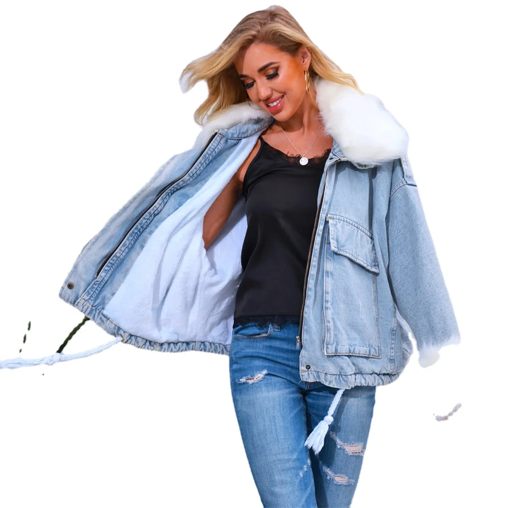 Model real shot winter clothes new women's big fur collar thick fleece lining double denim bat jacket custom wholesale
Model real shot winter clothes new women's big fur collar thick fleece lining double denim bat jacket custom wholesale