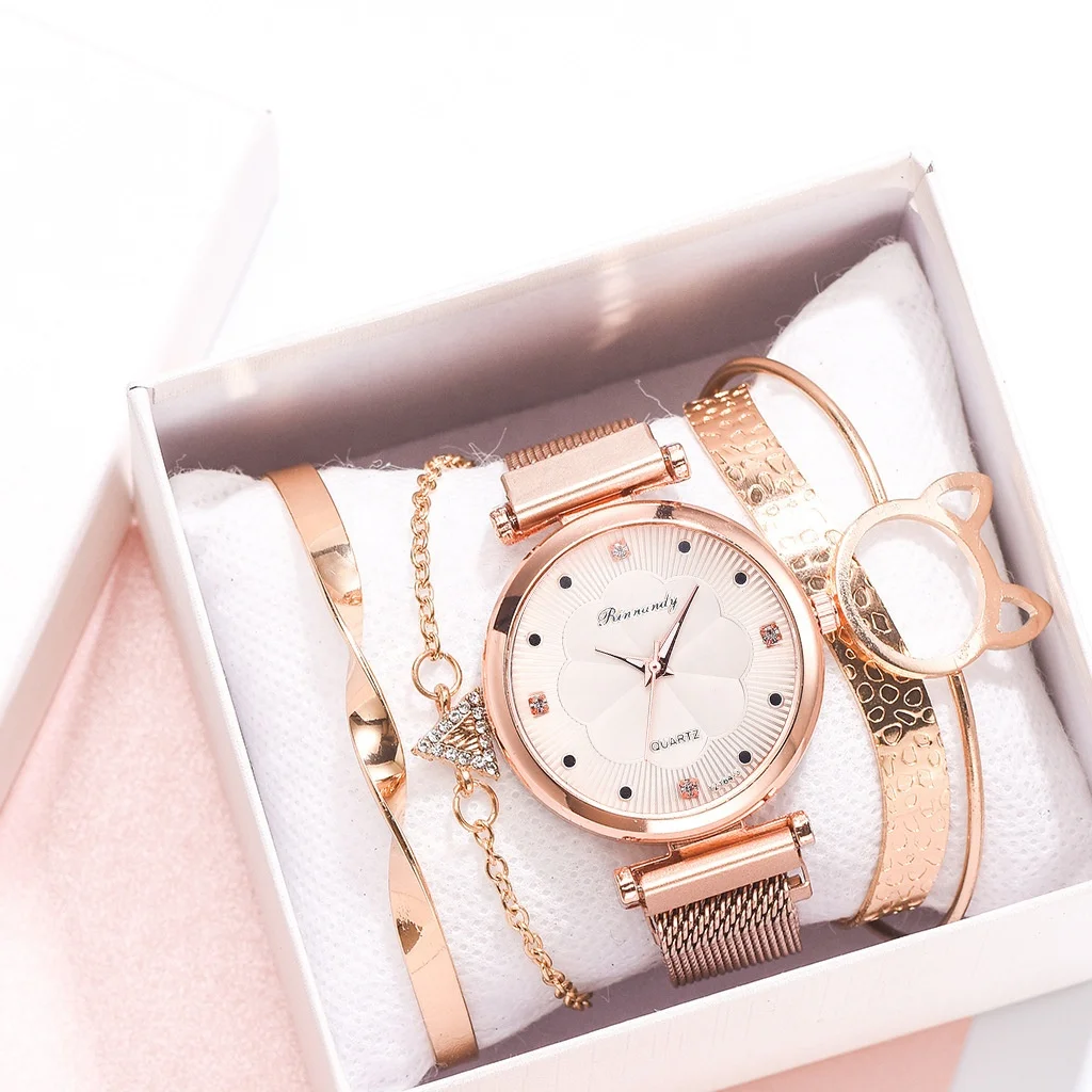 Fashion 5-piece Women's Watch Luxury Magnet Buckle Flower Dial Rhinestone Watch Ladies Quartz Wrist Watch Bracelet Set
Fashion 5-piece Women's Watch Luxury Magnet Buckle Flower Dial Rhinestone Watch Ladies Quartz Wrist Watch Bracelet Set