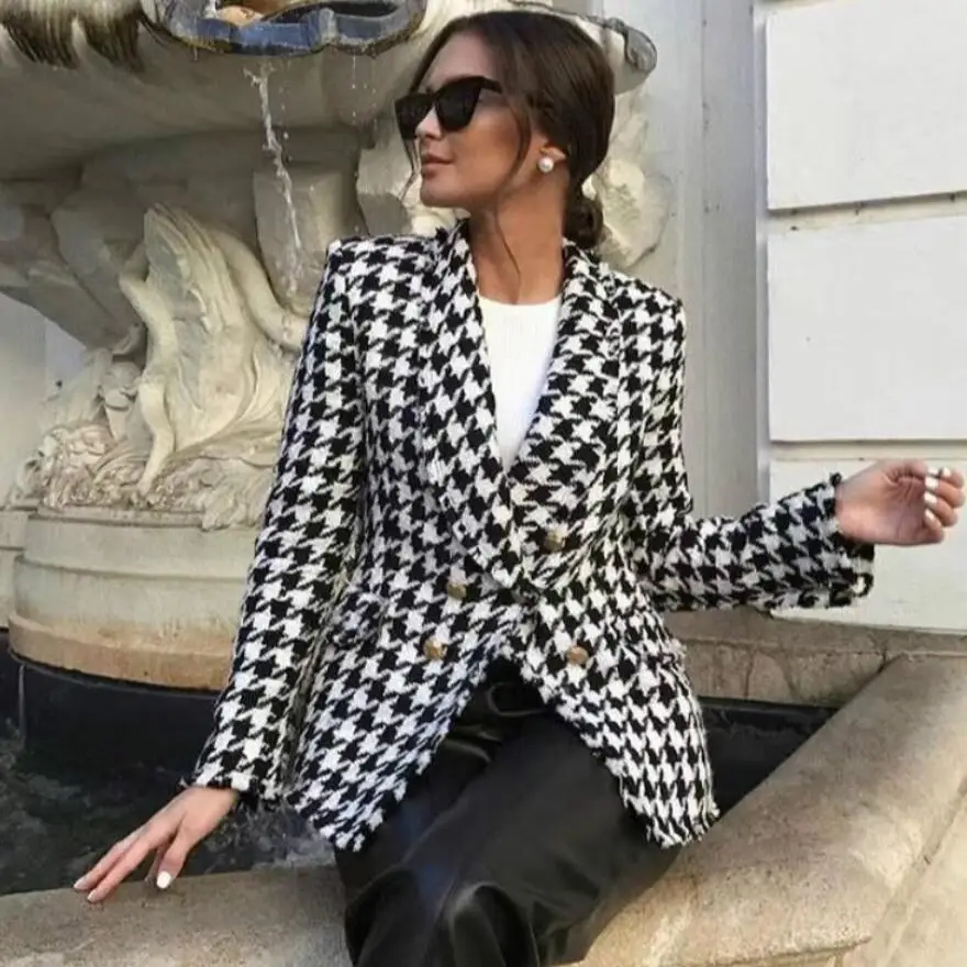 Fall/Winter Women's Top blazer 2021 Women's Black and White Houndstooth Woolen blazer, As pictures 
Fall/Winter Women's Top blazer 2021 Women's Black and White Houndstooth Woolen blazer, As pictures