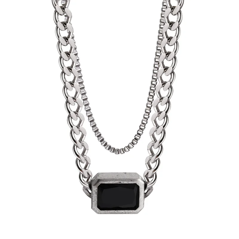Double-Layer Geometric Gemstone Necklace Pendant Vintage Style Hip Hop Necklace, Silver
Double-Layer Geometric Gemstone Necklace Pendant Vintage Style Hip Hop Necklace, Silver