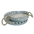 Wholesales set of 2 home round galvanized sheet metal and wood rustic serving tray with hemp rope handles