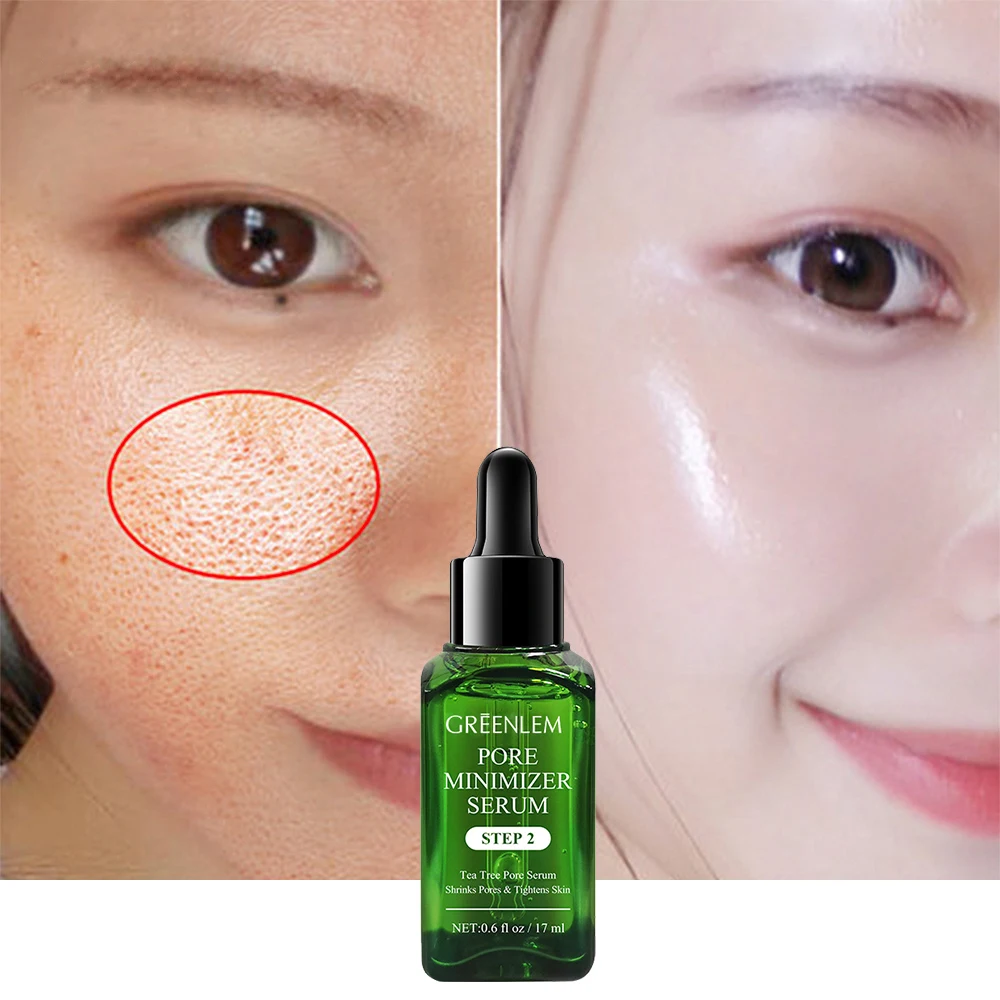 

IN STOCK Pore minimizer Serum Shrink Pores Tightens Skin Care Essence Moisturizing Whitening Tea Tree Serum, Transparent