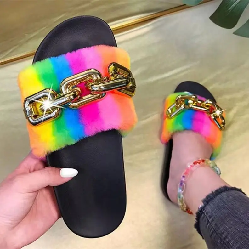 Chain Rainbow Color Soft Fluffy Fur Slides Shoes Sandal Flat With Women Slipper Bedroom House Shoes Colorful, Black,white
Chain Rainbow Color Soft Fluffy Fur Slides Shoes Sandal Flat With Women Slipper Bedroom House Shoes Colorful, Black,white