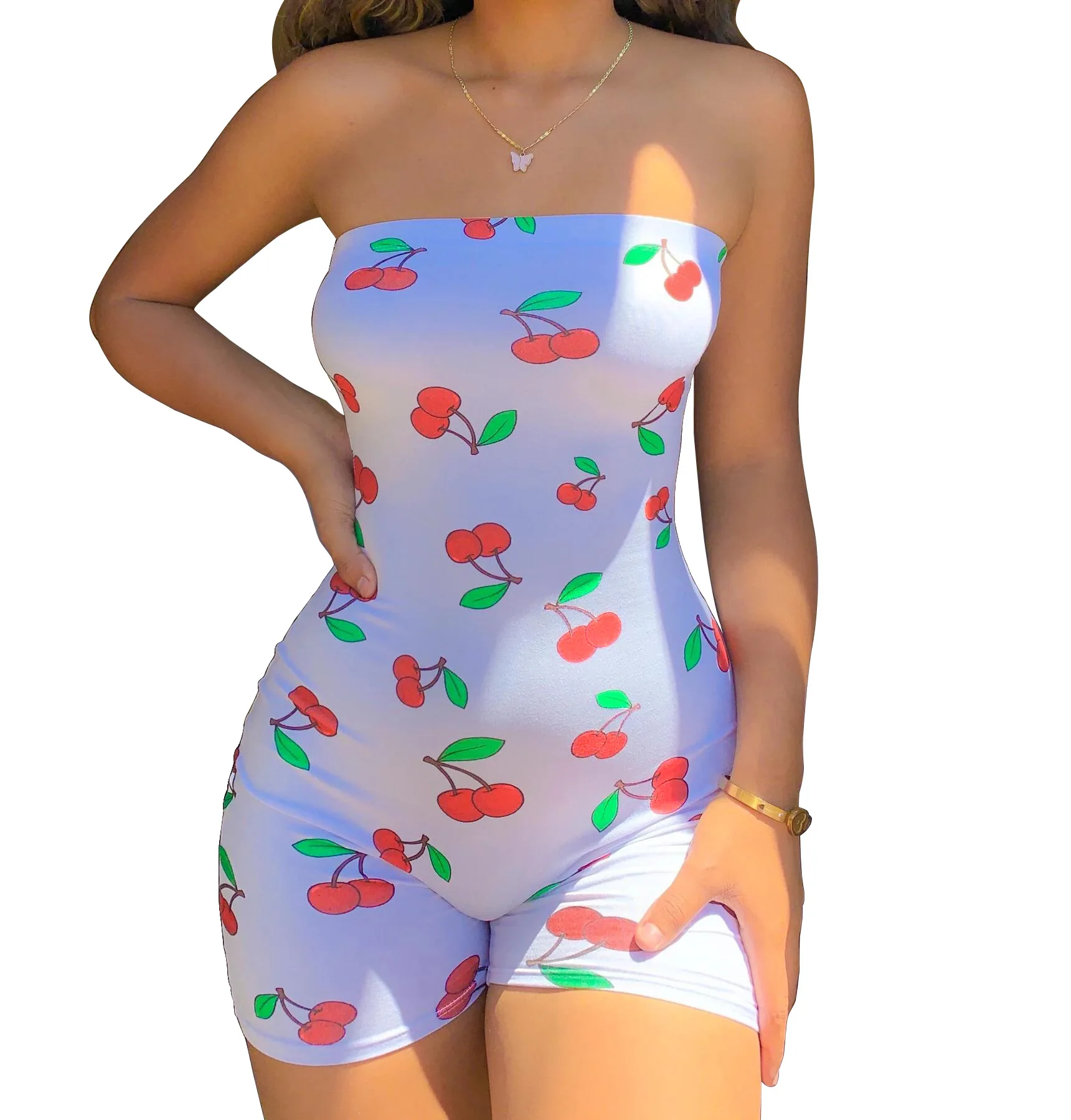 2021 Sleeveless New Trendy Cherry Printed Tube Short Bodycon Wholesale Strapless Jumpsuit Women, Black/white/orange/pink
2021 Sleeveless New Trendy Cherry Printed Tube Short Bodycon Wholesale Strapless Jumpsuit Women, Black/white/orange/pink
