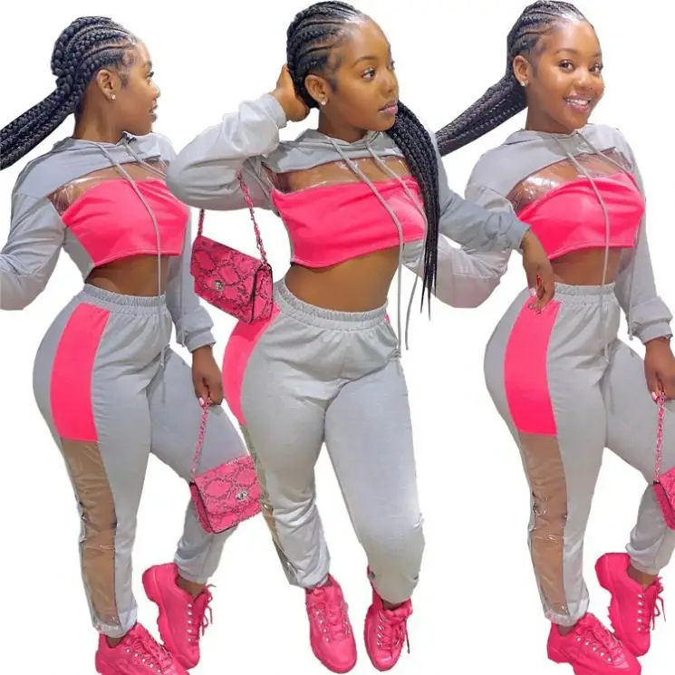 KG3747 hot selling transparent spliced crop hoodie sports Woman Suit Pant Two Piece Set 2022
KG3747 hot selling transparent spliced crop hoodie sports Woman Suit Pant Two Piece Set 2022