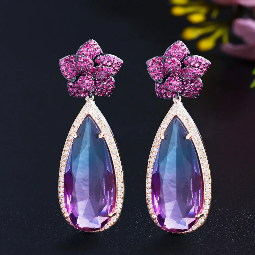 New Unique Rainbow Cubic Zircon Lovely Flower Long Big Dangling Water Drop Earrings for Women Chic Prom Jewelry, Customized color
New Unique Rainbow Cubic Zircon Lovely Flower Long Big Dangling Water Drop Earrings for Women Chic Prom Jewelry, Customized color