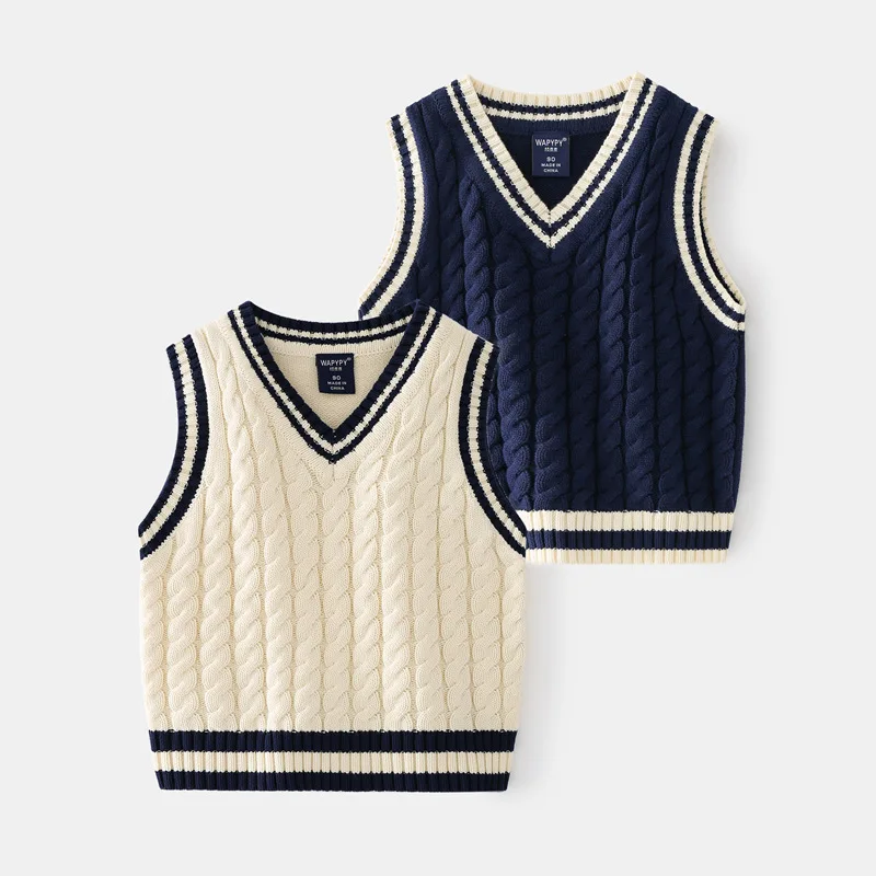 Hot Popular Simple Design Navy White School Uniform Pullover Cotton Knit V-Neck Vest for Boy Girl Kids Sweater Vest Clothing
Hot Popular Simple Design Navy White School Uniform Pullover Cotton Knit V-Neck Vest for Boy Girl Kids Sweater Vest Clothing