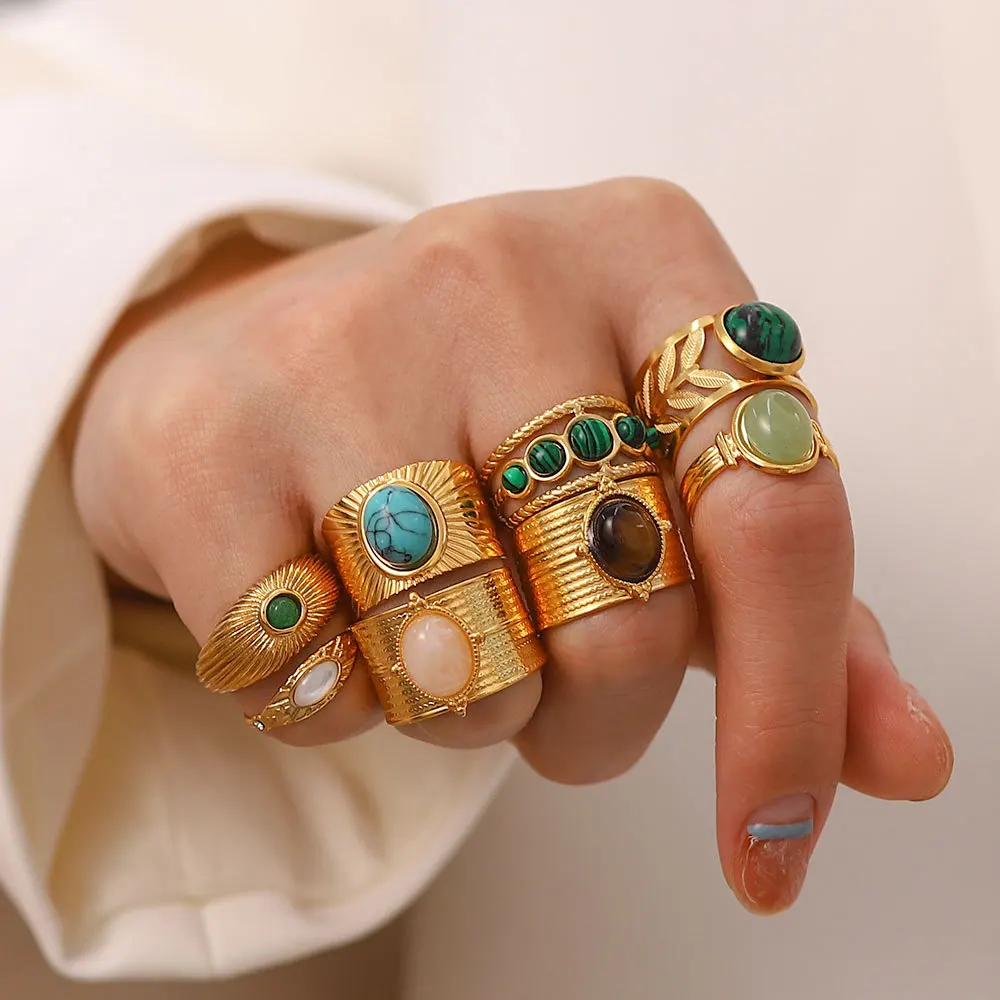 Hot Selling Ins Style Open Size Natural Stones Rings For Lady Waterproof 18K Gold Plated Stainless Steel Rings Fashion Jewelry
Hot Selling Ins Style Open Size Natural Stones Rings For Lady Waterproof 18K Gold Plated Stainless Steel Rings Fashion Jewelry