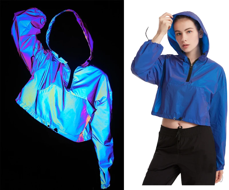 

women fashion wear thin causal blue iridescent rainbow reflective half zipper windbreaker cropped top short style hoodie jacket, Rainbow, grey, black, pink, etc
