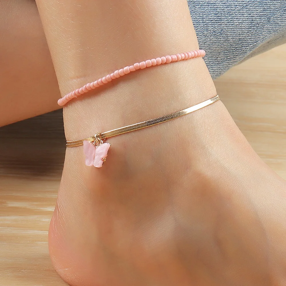 European Popular Rice Beads Anklets Jewelry 2 Pcs/Sets Women Multi-layer Butterfly Anklets With Charms, Pink
European Popular Rice Beads Anklets Jewelry 2 Pcs/Sets Women Multi-layer Butterfly Anklets With Charms, Pink