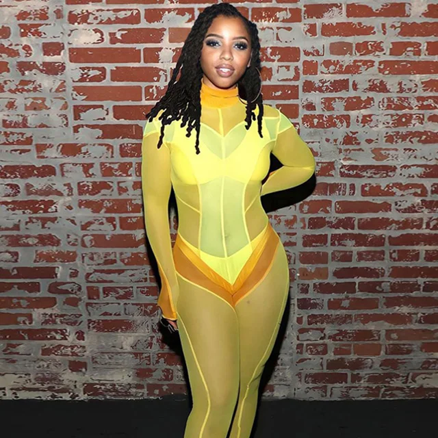 2021 Sexy Yellow Gauze Club Wear For Woman Skinny Color Block High Neck See Through Long Sleeve Jumpsuits
2021 Sexy Yellow Gauze Club Wear For Woman Skinny Color Block High Neck See Through Long Sleeve Jumpsuits