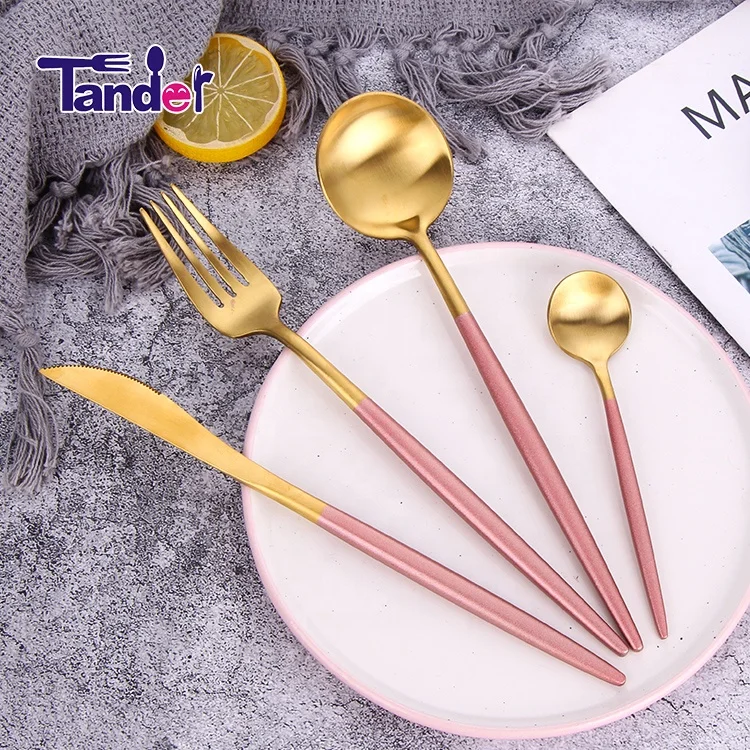 elegant bulk matte gold cutlery pink handle stainless steel flatware, Gold+pink;black;red
elegant bulk matte gold cutlery pink handle stainless steel flatware, Gold+pink;black;red