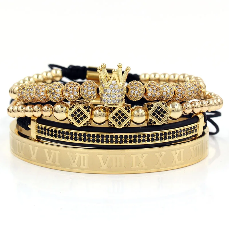 

Luxury 4Pcs/Set Gold Crown Men Bracelet Jewelry Set Stainless Steel Numbers Engraved Bangle CZ Crown Braided Macrame Bracelet, Gold/silver/rose gold/black